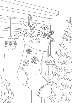 A festive Christmas stocking hanging from a fireplace mantle, decorated with holly and snowflakes, surrounded by ornaments and a Christmas tree background