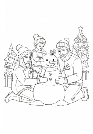 A cozy winter scene featuring a family building a snowman with Christmas decorations in the background