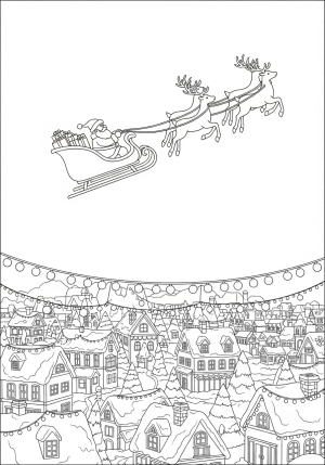 Santa Claus and his reindeer flying over a festive village with Christmas lights and decorated houses