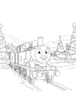 Thomas the Train happily chugging through a snowy Christmas landscape with decorated trees and festive ornaments in the background