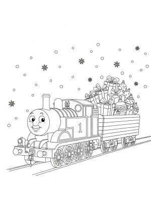 Thomas the Train pulling a holiday-themed train car filled with gift boxes and Christmas decorations as snow falls around him