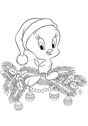 A cheerful Tweety Bird wearing a festive Santa hat perched on a decorated pine branch with holly berries and ornaments