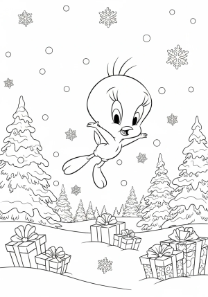 Tweety Bird joyfully flying through a snowy winter scene with snowflakes, pine trees, and Christmas presents scattered on the ground