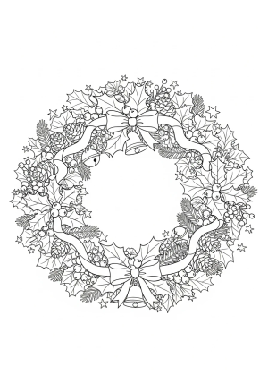 An intricate Christmas wreath decorated with holly berries, pinecones, and ribbons, with detailed foliage and ornamental accents