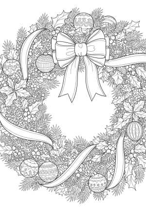 A festive Christmas wreath featuring lush evergreen branches, ornaments, bows, and a large central bow, surrounded by seasonal elements