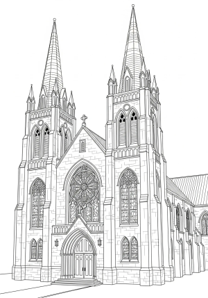 A detailed illustration of a traditional church building with tall steeples, stained glass windows, and a welcoming entrance