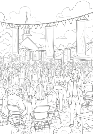 An intricate scene of a congregation gathered outdoors for a community church event with people, banners, and a peaceful setting