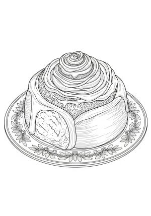 A detailed cinnamon roll topped with swirling icing, sitting on a decorative plate with floral patterns surrounding it