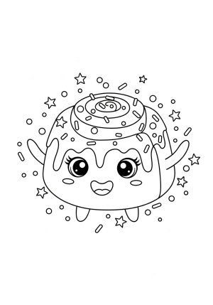 A whimsical scene of a cinnamon roll character with big expressive eyes and a cheerful smile, surrounded by tiny sprinkles and stars