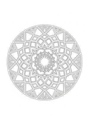 A detailed symmetrical mandala design composed of intricate geometric patterns within a perfect circle