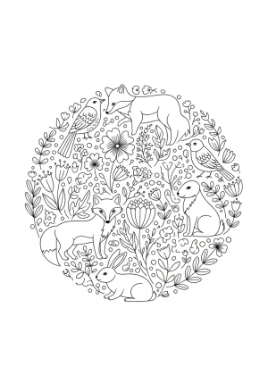 A whimsical scene featuring various animals and plants arranged in a circular pattern creating a harmonious and balanced composition