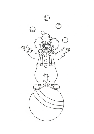 A cheerful clown balancing on a giant ball while juggling colorful balls and wearing a big smile.