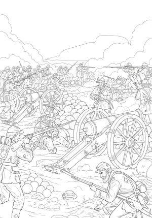 A Civil War battlefield with soldiers taking cover behind cannonballs and cannons amid a chaotic skirmish