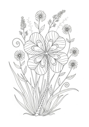 A detailed drawing of a four-leaf clover with intricate patterns and surrounding natural elements like grass and small flowers.