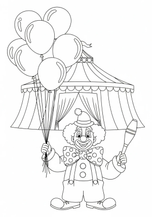 A cheerful clown with a big polka-dotted bowtie, holding a bunch of balloons in one hand and a juggling pin in the other, standing in front of a circus tent
