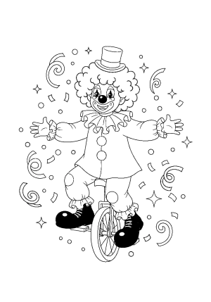 A playful clown with a curly wig and oversized shoes, riding a unicycle surrounded by swirling confetti and sparkling stars