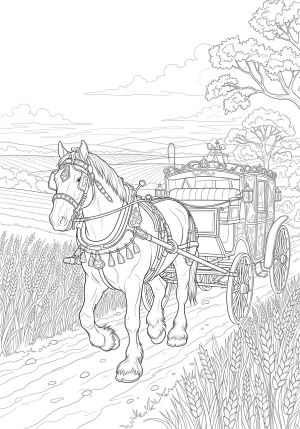 A Clydesdale horse pulling a traditional carriage through a scenic rural landscape, with intricate harness and decorative elements