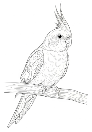 A realistic cockatiel perched on a branch, with detailed feathers and a joyful expression
