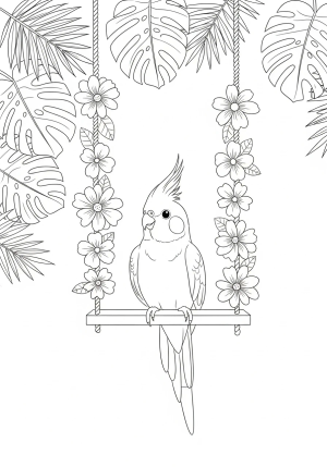 A playful cockatiel sitting on a swing decorated with flowers, surrounded by tropical leaves