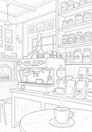 A cozy coffee shop scene featuring a vintage espresso machine, a table with a steaming cup, and shelves filled with coffee jars and beans, all rendered in fine line art