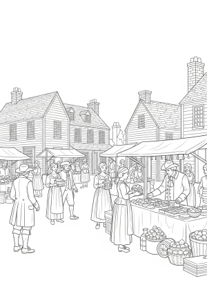 A bustling colonial village scene with colonists trading goods at a market stall and simple wooden houses in the background