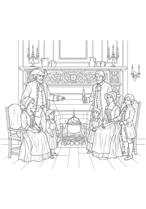 A detailed depiction of a colonial family gathered around a large fireplace, with period clothing and household items