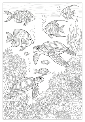 A whimsical underwater scene featuring diverse marine life such as fish, turtles, and coral, all outlined with detailed patterns and textures
