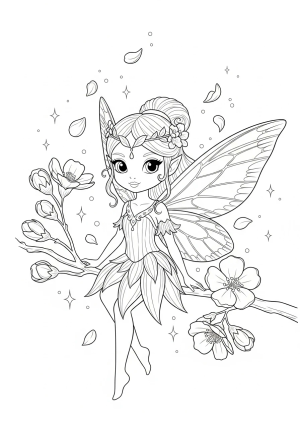 A whimsical fairy perched on a flowering branch, surrounded by floating petals and sparkling twinkles