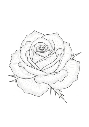A detailed close-up of a blooming rose with layered petals and delicate thorns on the stem.