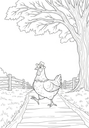 A humorous chicken wearing a tiny hat, strutting confidently along a rustic farmyard pathway shaded by a tree