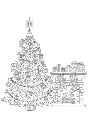 A whimsical Christmas tree adorned with intricate patterns, hanging ornaments, and a star at the top, with a cozy fireplace and stockings nearby in a detailed line art style.