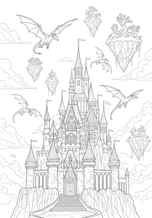 An intricate fantasy castle surrounded by flying dragons and floating islands, full of detailed architectural elements.