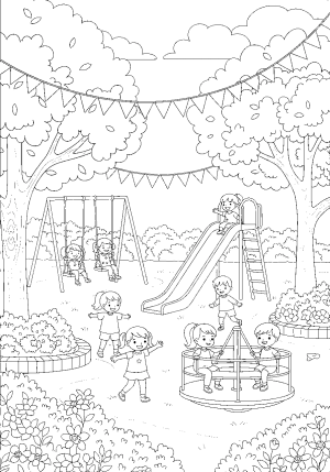 A lively community park scene filled with children playing, trees, and a festive atmosphere, suitable for a coloring page