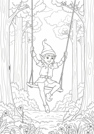 An energetic elf with pointed ears and a curly hat, balancing on a rope swing amidst a magical woodland scene