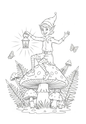 A mischievous elf sitting on a toadstool with a tiny lantern and a playful grin, surrounded by whimsical forest elements