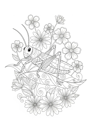 A detailed illustration of a cheerful grasshopper sitting on a leafy stem with intricate patterns and surrounding flowers