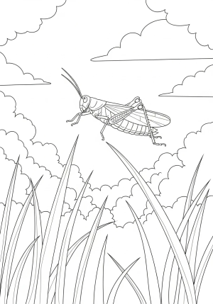 A whimsical scene featuring a grasshopper jumping over tall grass blades with a textured background of clouds and trees