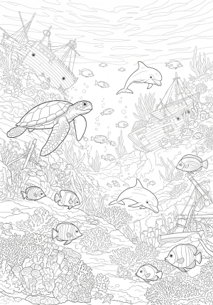 An intricate underwater scene featuring curious sea creatures, coral reefs, and mysterious shipwrecks