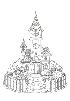 A whimsical fairytale house with a tall tower, rounded windows, and a garden filled with mushrooms, bushes, and a picket fence.