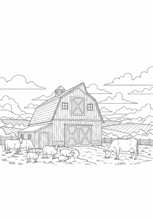 A charming barn with large sliding doors, surrounded by farm animals grazing and a scenic countryside backdrop