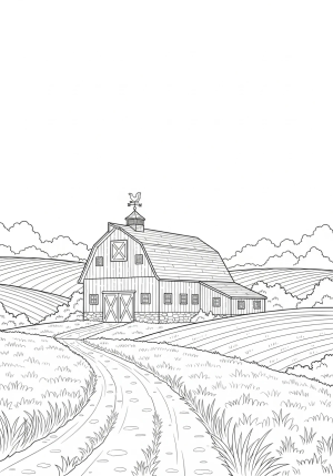 A detailed scene of a rustic barn nestled among rolling fields with a weather vane on the roof and a dirt pathway leading up to it