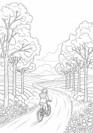 A dynamic scene of a child riding a bicycle along a winding country road surrounded by trees and flowers