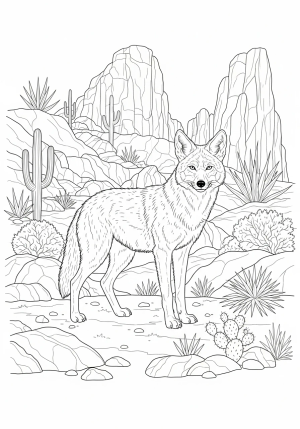 A detailed line drawing of a coyote standing alert on a rocky landscape with desert plants around.