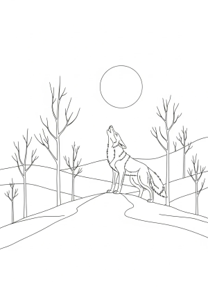 A playful scene of a coyote howling at the moon atop a hill with sparse trees in the background.