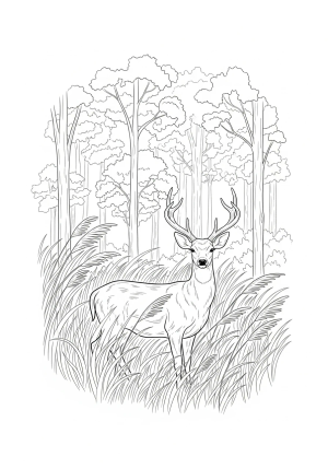 A detailed line drawing of a graceful deer standing amidst tall forest grasses with trees in the background.