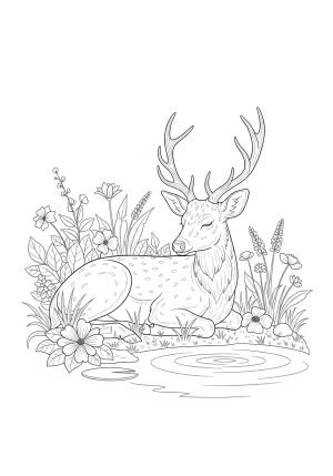 An elegant deer resting peacefully by a tranquil pond, surrounded by delicate flowers and leafy vegetation.