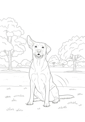 A playful Labrador Retriever sitting in a grassy park with trees in the background