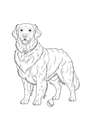 A regal Golden Retriever standing proudly with a collar and a ball nearby