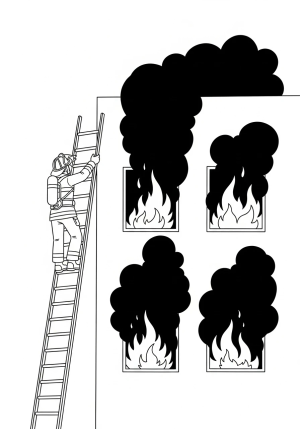 A firefighter climbing a ladder to reach a burning building with smoke billowing out