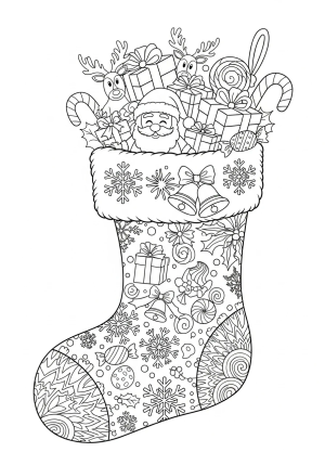 A festive Christmas stocking filled with gifts and candies, featuring elaborate decorative designs and seasonal elements.